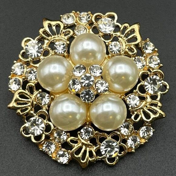 Yellow Gold with Diamond Crystal Butterfly and Flower Pearl Pin Back Brooch - Picture 1 of 7
